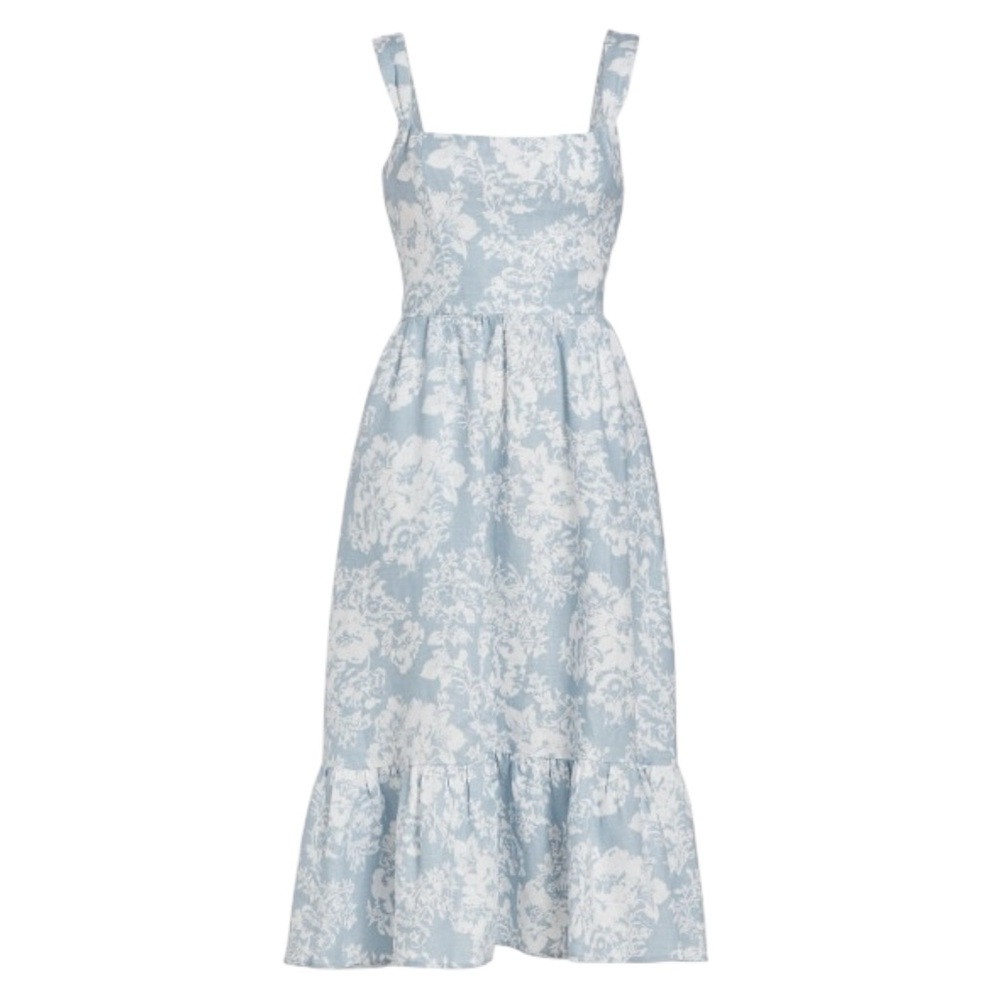 Reformation Bucatini Linen Midi Dress Size 12 Sky Blue White Floral Cottagecore